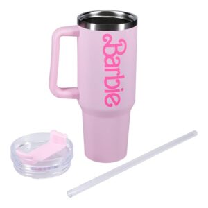 Paladone Barbie Official Licensed Pink Logo H2O Bottle, Quencher Stainless Steel Vacuum Insulated Tumbler with Lid and Straw for Water, Iced Tea or Coffee