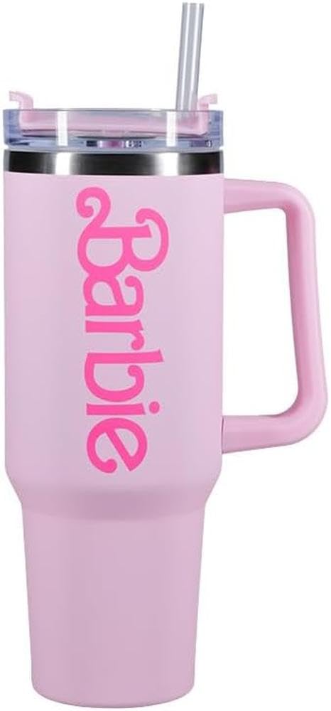 Paladone Barbie Official Licensed Pink Logo H2O Bottle, Quencher Stainless Steel Vacuum Insulated Tumbler with Lid and Straw for Water, Iced Tea or Coffee