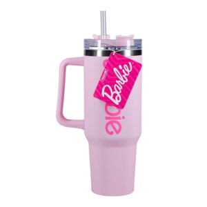 Paladone Barbie Official Licensed Pink Logo H2O Bottle, Quencher Stainless Steel Vacuum Insulated Tumbler with Lid and Straw for Water, Iced Tea or Coffee