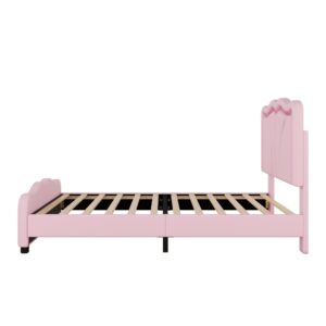 SOFTSEA Twin Size Upholstered Platform Bed, Platform Bed with LED Light Strips and Curve Shaped Adjustable Headboard, Wood Bed Frame for Bedroom, No Box Spring Needed, Pink