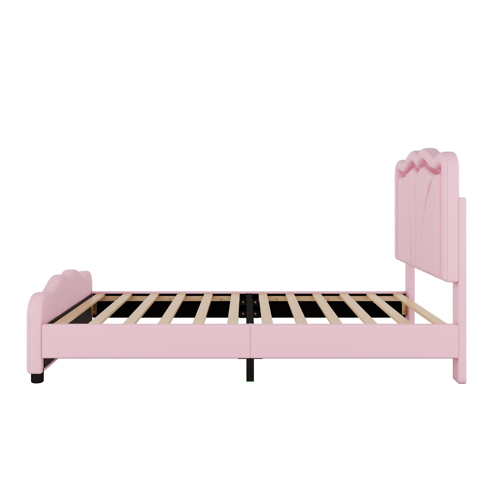 SOFTSEA Twin Size Upholstered Platform Bed, Platform Bed with LED Light Strips and Curve Shaped Adjustable Headboard, Wood Bed Frame for Bedroom, No Box Spring Needed, Pink