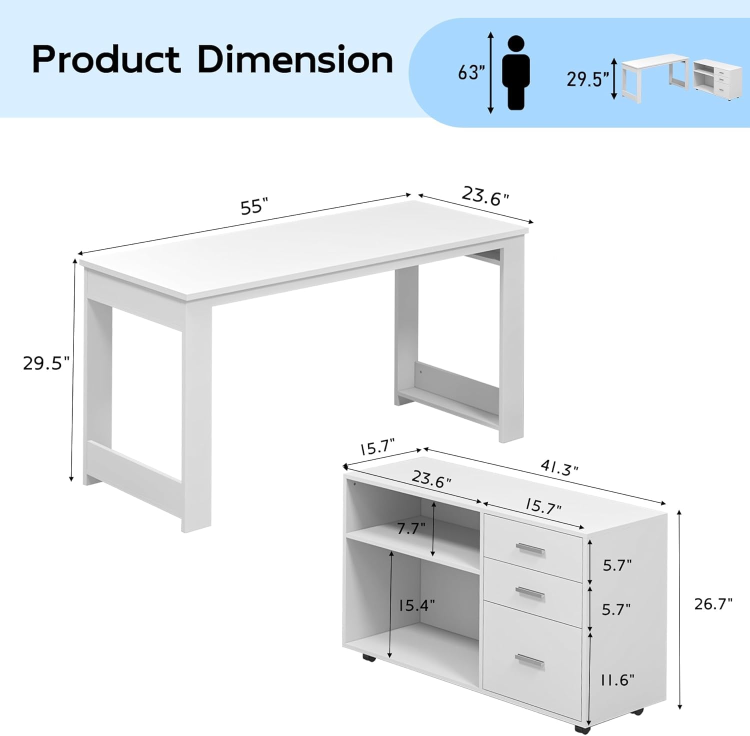 MU 55inch White L Shaped Desk, Corner Computer Desk with 3 Drawers and 2 Shelves, Writing Office Table with Storage File Cabinet, Large Executive Desk with Wheels for Home Office, Bedroom