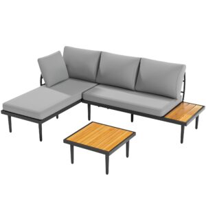 devoko outdoor sectional furniture patio sectional sofa with acacia wood table, patio l-shaped conversation set with all-weather cushion for patio,garden,backyard(gray)