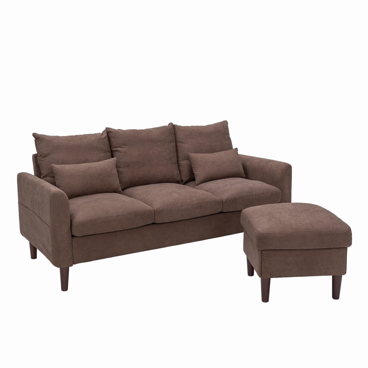 Panana Convertible Sectional Sofa Couch, 3-seat L-Shaped Couch with Ottoman, Couches with Linen Fabric, with Moveable Ottoman for Apartment/Upstairs Loft/Living Room (Brown - Curved Arm)