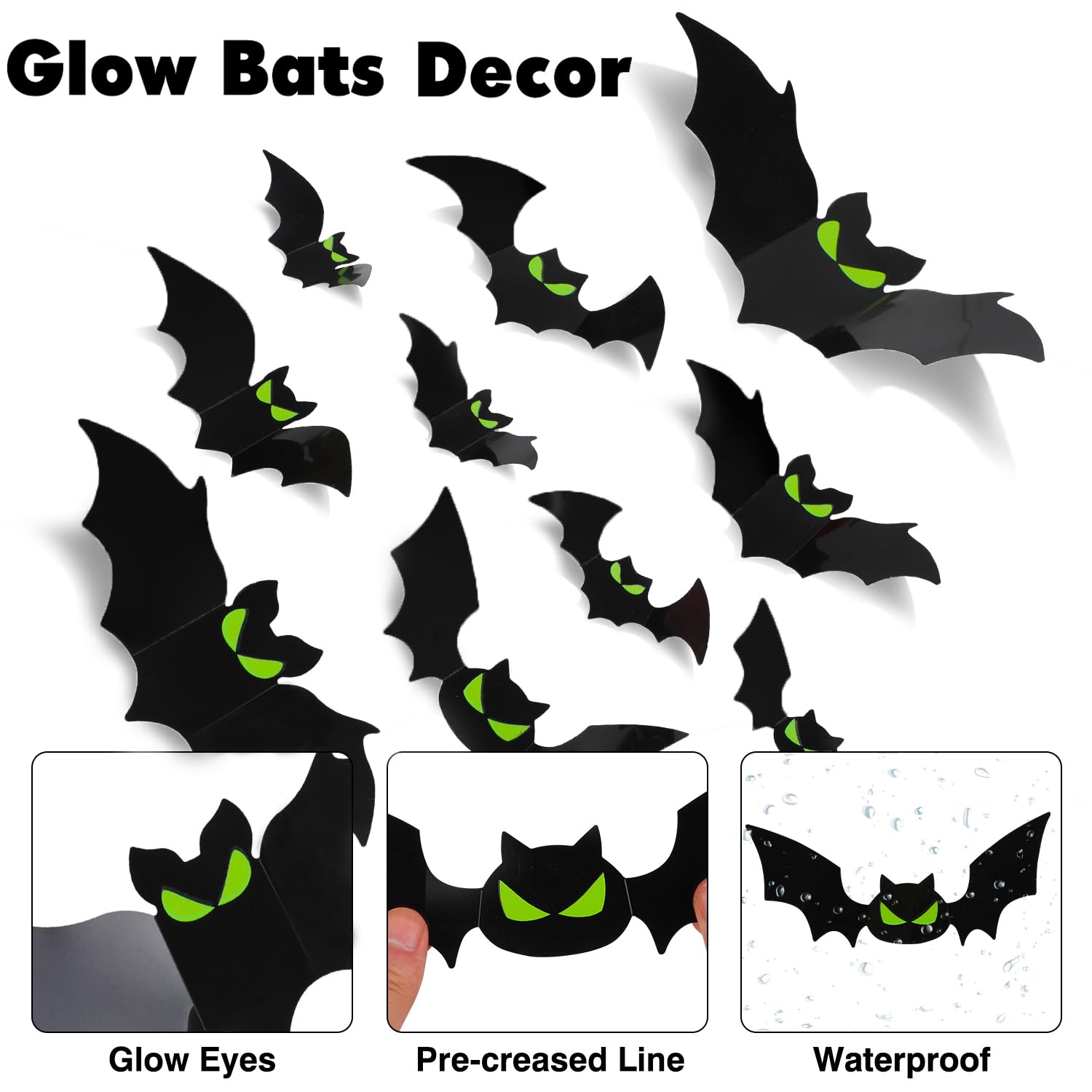 DIYASY 144 Pcs Bats Wall Decor, Glow in The Dark Bats 3D Bat Cutouts Halloween Decorations Light Up Eyes Paper Bats Stickers Black Plastic Sticky Decals for Home Indoor Outdoor décor Outside