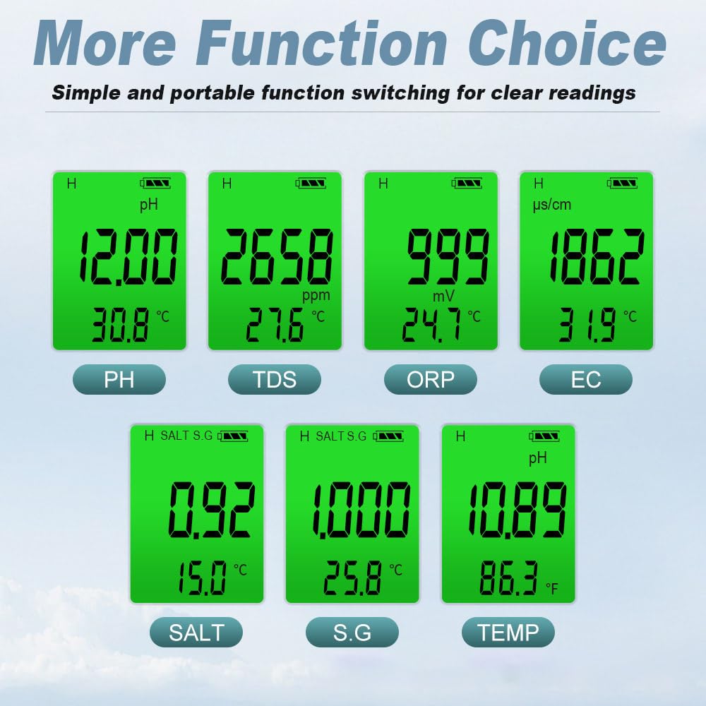 Generic PH Meter Digital Water Quality Tester - 7 in 1 Water Salinity Testing Kit with PH Temp EC TDS ORP S.G. and Salt - High Accuracy Water Test Equipment for Aquarium and Swimming Pool, WT367