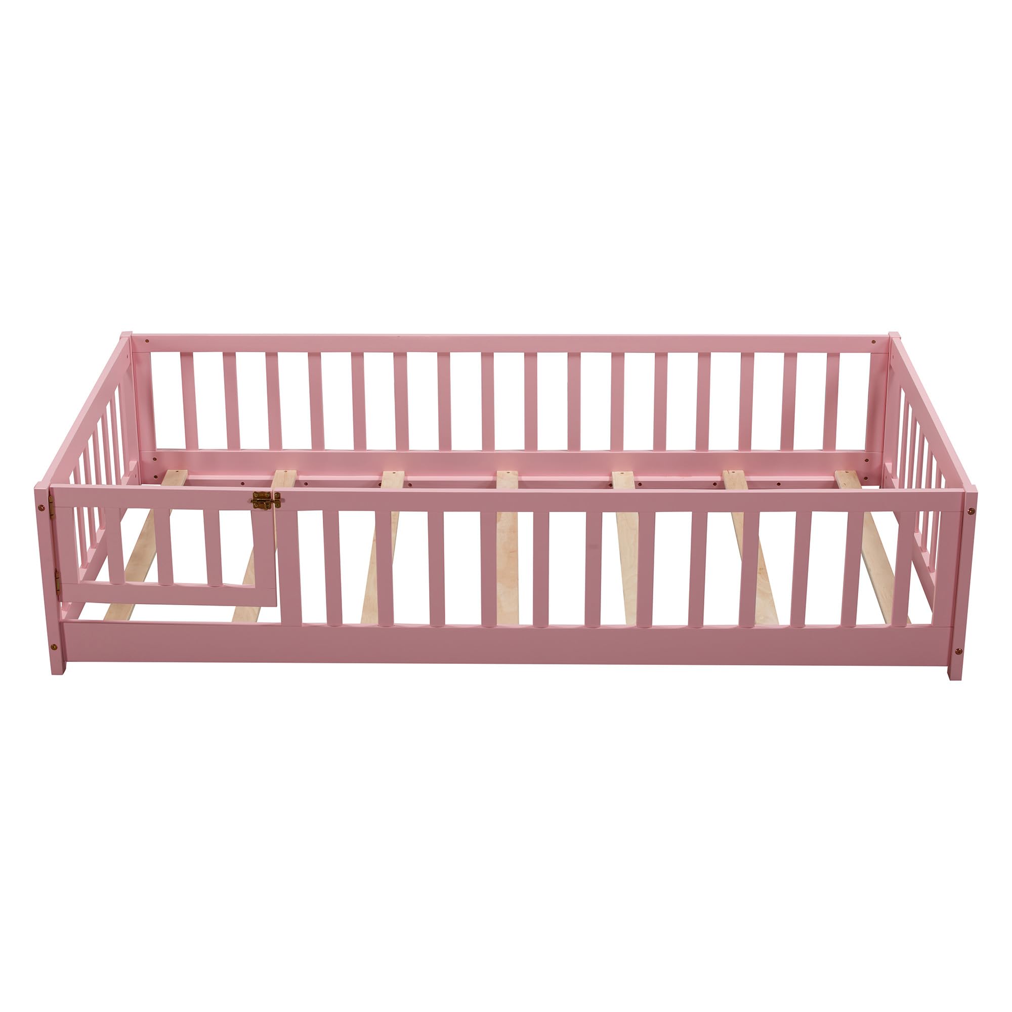 Brafab Montessori Floor Bed with Safety Guardrails and Convertible Door, Twin Size Solid Pine Wood Floor Bed Frame with Slats, Full Length Fence for Girls, Boys, Child Bedroom, Kids Playroom (Pink)