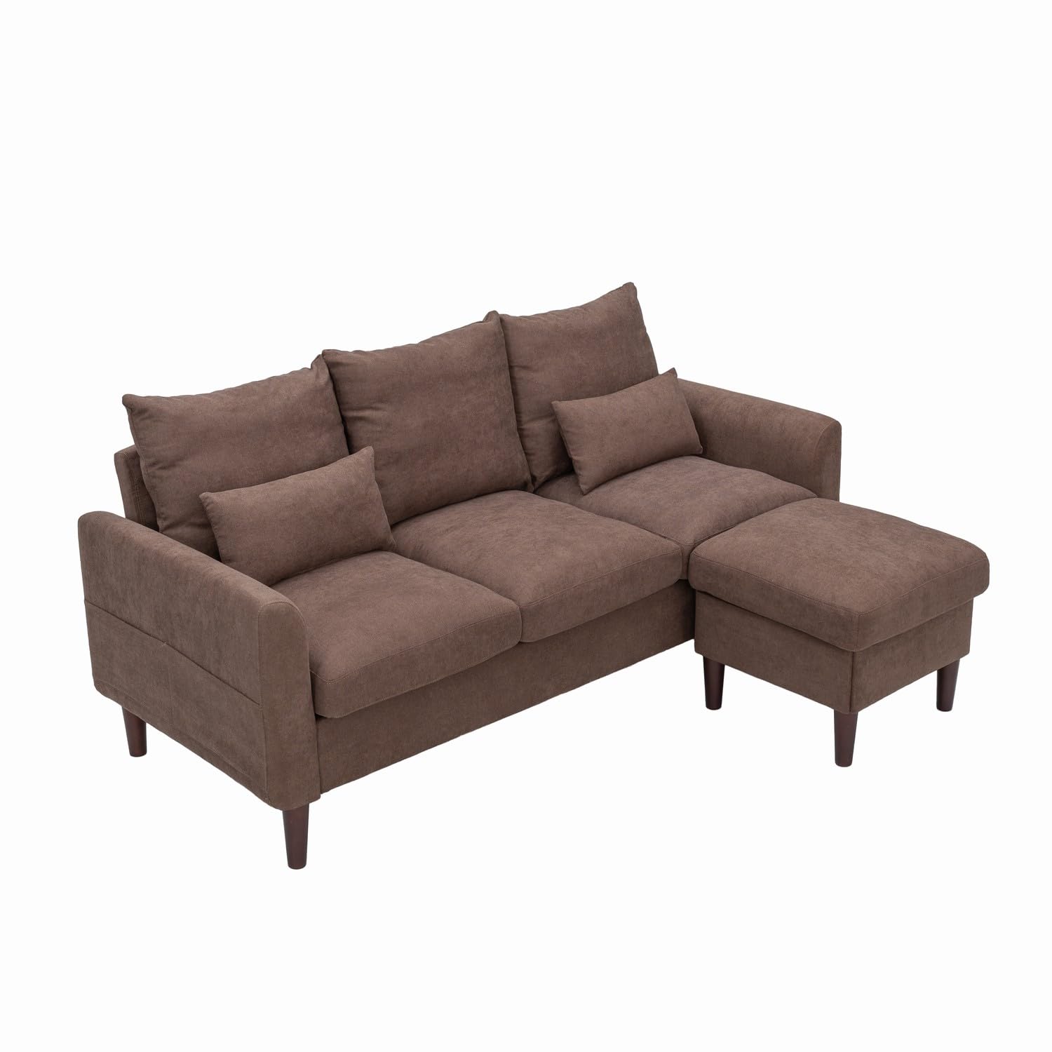 Panana Convertible Sectional Sofa Couch, 3-seat L-Shaped Couch with Ottoman, Couches with Linen Fabric, with Moveable Ottoman for Apartment/Upstairs Loft/Living Room (Brown - Curved Arm)