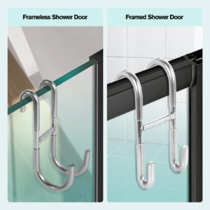 Dlilise Shower Door Hooks for Framed Glass Door, Towel Hooks Over Wide Framed & Frameless Glass Door, Towels Hanger for Bathroom, Both End Can be Used, Suit Rozer Robes Loofahs Shavers, 2-Pack Silver