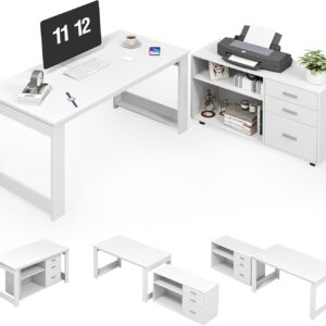 MU 55inch White L Shaped Desk, Corner Computer Desk with 3 Drawers and 2 Shelves, Writing Office Table with Storage File Cabinet, Large Executive Desk with Wheels for Home Office, Bedroom