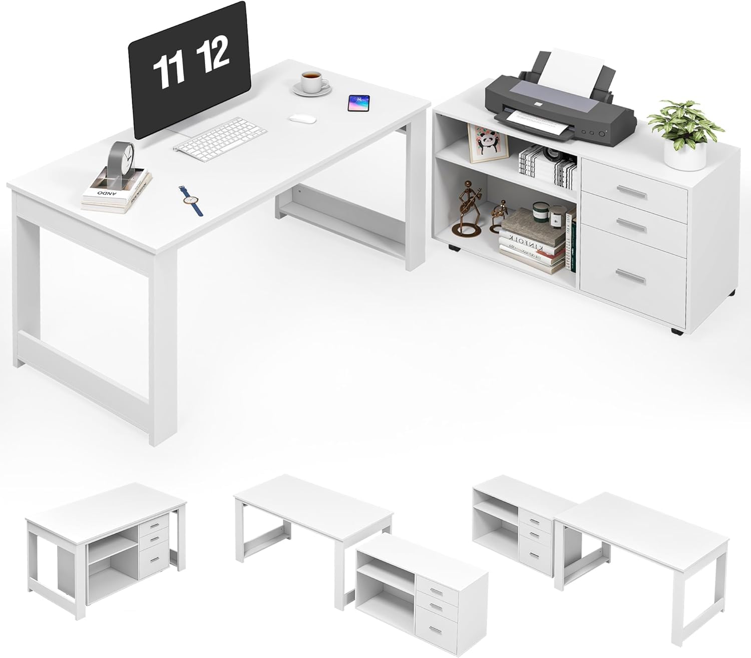 MU 55inch White L Shaped Desk, Corner Computer Desk with 3 Drawers and 2 Shelves, Writing Office Table with Storage File Cabinet, Large Executive Desk with Wheels for Home Office, Bedroom