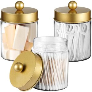 komashr 3pc farmhouse decor qtip holder apothecary jars bathroom vanity storage organizer -countertop canister plastic container &cute stickers for cotton swab, ball,pad,floss,paper clips (gold)