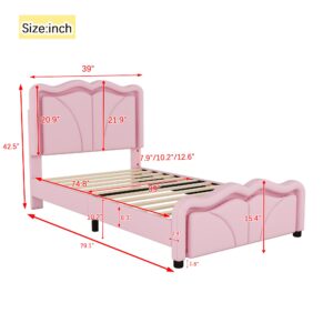 SOFTSEA Twin Size Upholstered Platform Bed, Platform Bed with LED Light Strips and Curve Shaped Adjustable Headboard, Wood Bed Frame for Bedroom, No Box Spring Needed, Pink