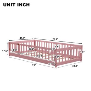 Brafab Montessori Floor Bed with Safety Guardrails and Convertible Door, Twin Size Solid Pine Wood Floor Bed Frame with Slats, Full Length Fence for Girls, Boys, Child Bedroom, Kids Playroom (Pink)