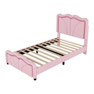 SOFTSEA Twin Size Upholstered Platform Bed, Platform Bed with LED Light Strips and Curve Shaped Adjustable Headboard, Wood Bed Frame for Bedroom, No Box Spring Needed, Pink