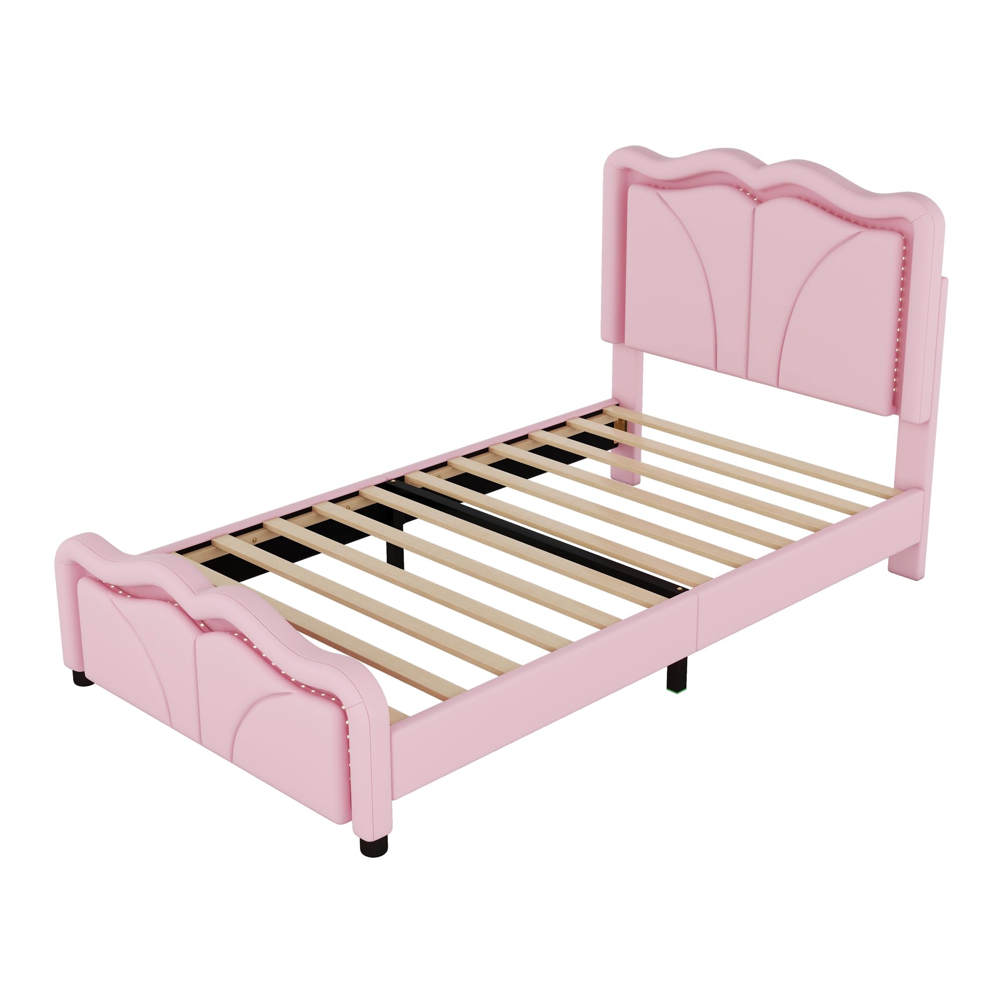 SOFTSEA Twin Size Upholstered Platform Bed, Platform Bed with LED Light Strips and Curve Shaped Adjustable Headboard, Wood Bed Frame for Bedroom, No Box Spring Needed, Pink