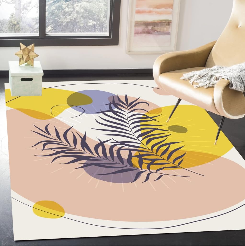 Yellow Pink Mid Century Modern Minimalist Abstract Leaves Wool Rug for Living Room Bedroom Nursery Playroom Machine Washable Soft Plush Throw Carpet Art Deco Home Office Dorm Floor Rugs 6x9