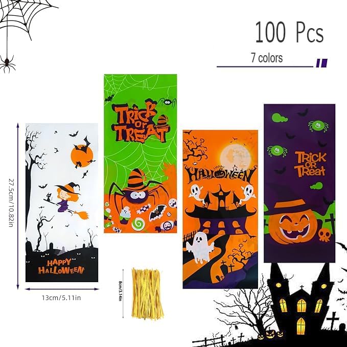 YNGRUE Halloween Cellphane Candy Bags, 100 Pcs Halloween Plastic Clear Treat Bags, Clear Plastic Trick or Treat Bags for Candy Cookie Goodies with Twist Ties for Halloween Party Supplies (7 colors)