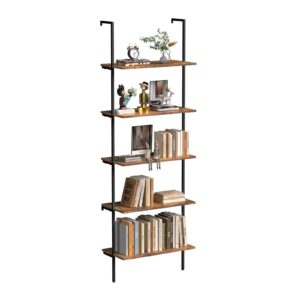 Dosker Bookshelf 5-Tier Industrial Ladder Shelf,Brown Shelves Wall Mounted Bookshelf Open Storage Rack Display Shelf Plant Stand for Living Room Kitchen Home Office Bedroom