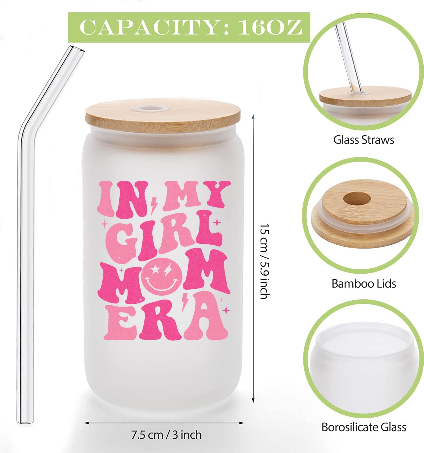 OWSUMER Girl Mom Gifts,New Mom Gifts,Gifts for New Mom,In My Girl Mom Era Glass Cup,Baby Shower Gifts for Mom,New Mom Gifts After Birth,Cool gifts for New Moms-16oz Coffee Glass Cups with Lids Straws