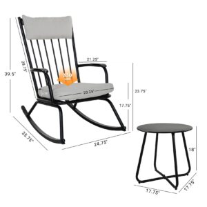 Grand patio 3-Piece Outdoor Rocking Chair Set, Steel Rocking Chairs with Cushions and 18-inch Round Side Table, Outdoor Bistro Set for Patio Porch Deck, Black