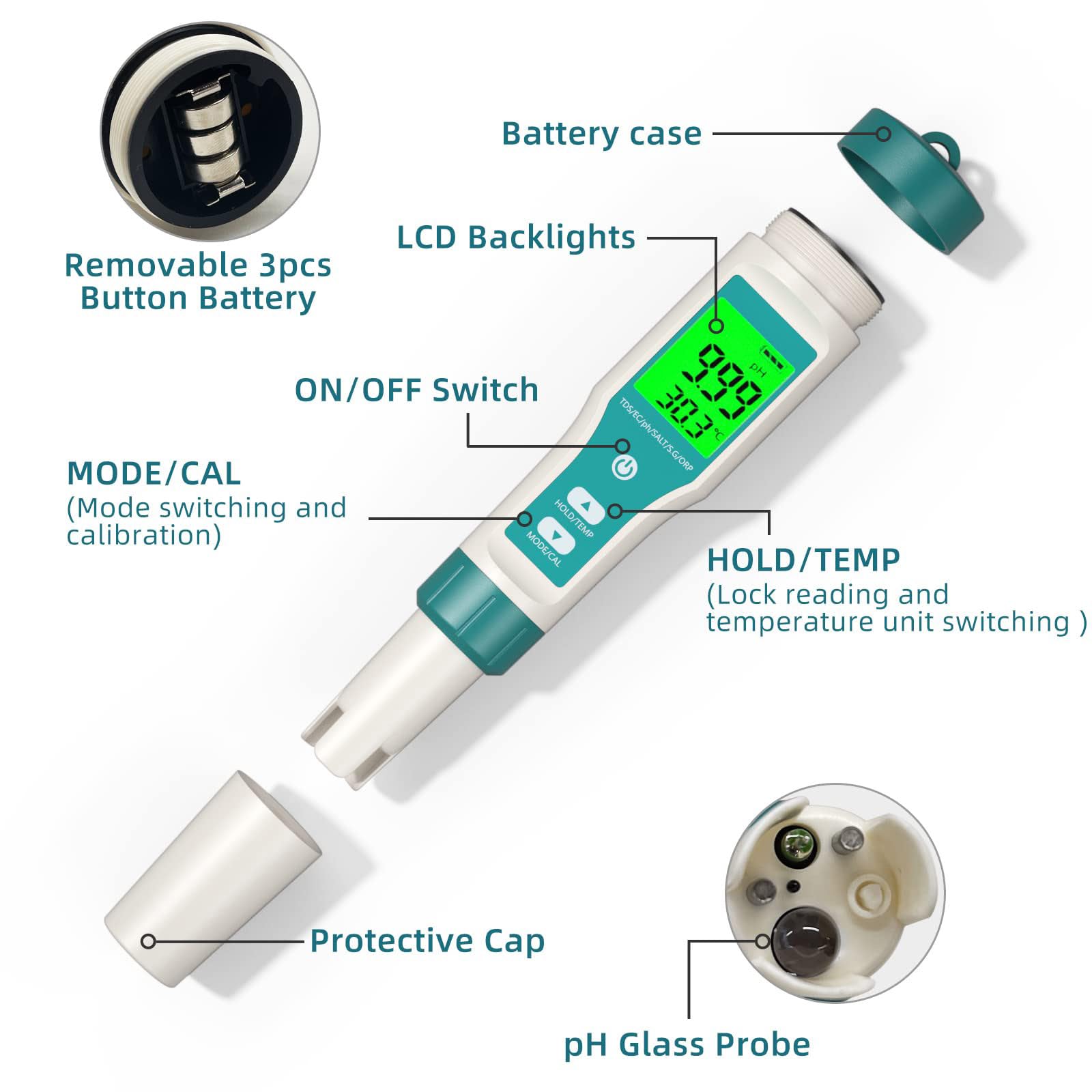 Generic PH Meter Digital Water Quality Tester - 7 in 1 Water Salinity Testing Kit with PH Temp EC TDS ORP S.G. and Salt - High Accuracy Water Test Equipment for Aquarium and Swimming Pool, WT367