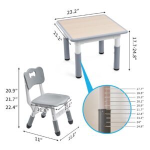 UNICOO - Kids Height Adjustable Three Piece Study Table and 2 Chairs Set, Plastic, Children Art Table with 2 Seats, Multipurpose Activity Table for Kids 2-10 Years Old (Maple Top with Grey Border)