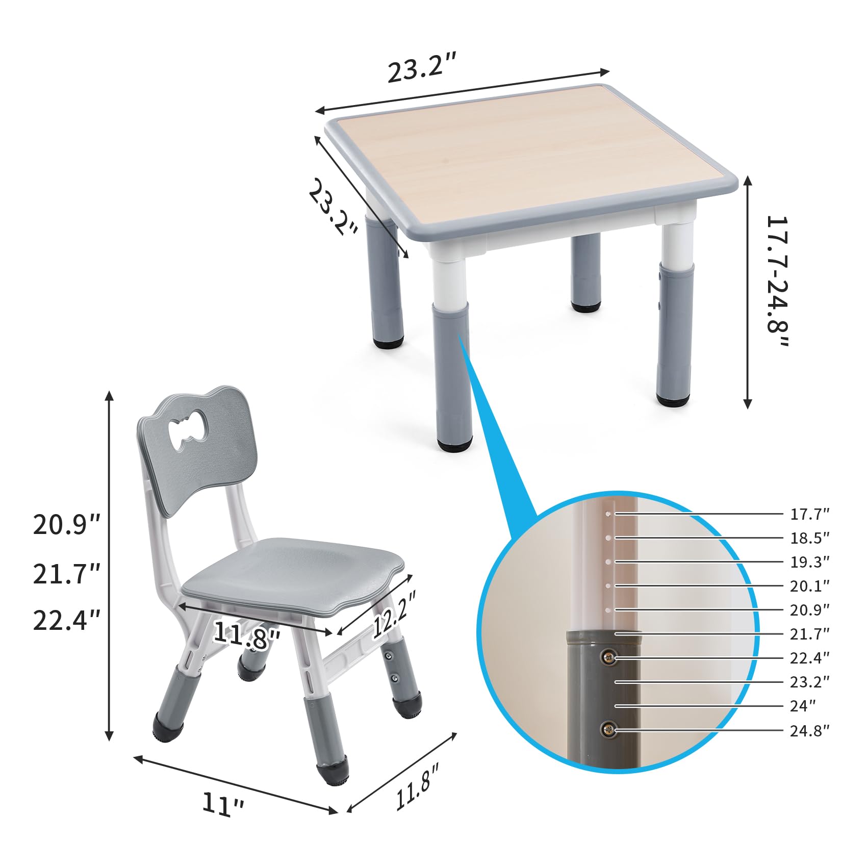 UNICOO - Kids Height Adjustable Three Piece Study Table and 2 Chairs Set, Plastic, Children Art Table with 2 Seats, Multipurpose Activity Table for Kids 2-10 Years Old (Maple Top with Grey Border)