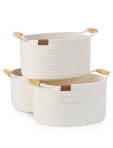 storageworks woven basket, cotton rope basket for organizing, 13 inch rope storage basket, cute small woven basket with wooden handles, decorative woven storage basket, white, 3-pack