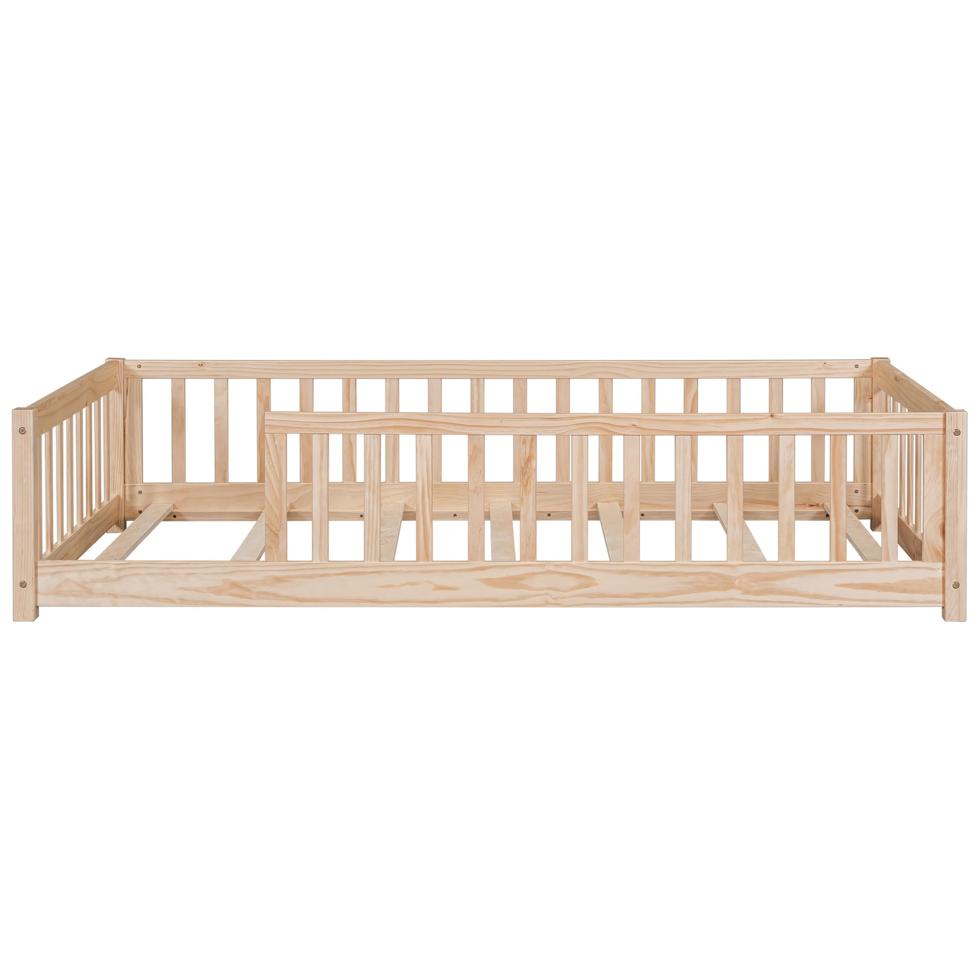 Brafab Montessori Floor Bed with Safety Guardrails and Door, Twin Size Solid Pine Wood Floor Bed Frame with Slats, Full Length Fence for Girls, Boys, Child Bedroom, Kids Playroom (Natural)