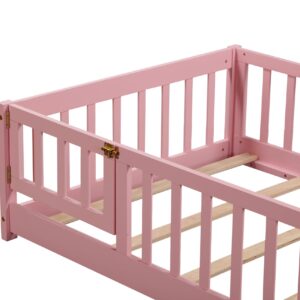 Brafab Montessori Floor Bed with Safety Guardrails and Convertible Door, Twin Size Solid Pine Wood Floor Bed Frame with Slats, Full Length Fence for Girls, Boys, Child Bedroom, Kids Playroom (Pink)