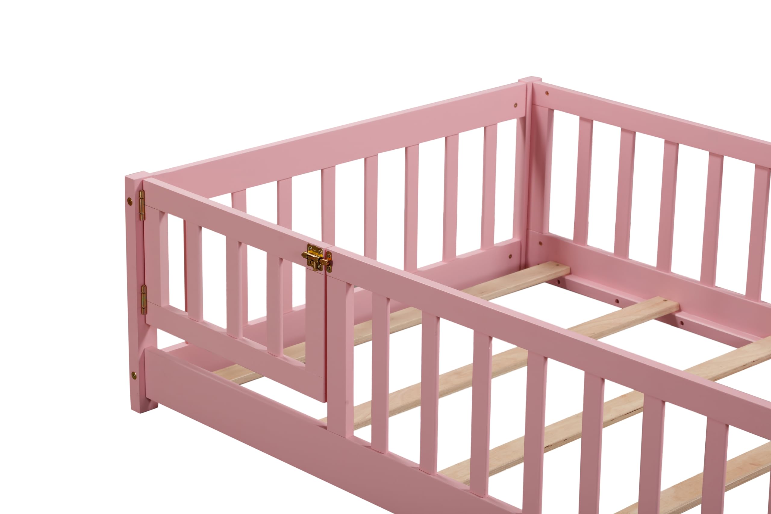 Brafab Montessori Floor Bed with Safety Guardrails and Convertible Door, Twin Size Solid Pine Wood Floor Bed Frame with Slats, Full Length Fence for Girls, Boys, Child Bedroom, Kids Playroom (Pink)