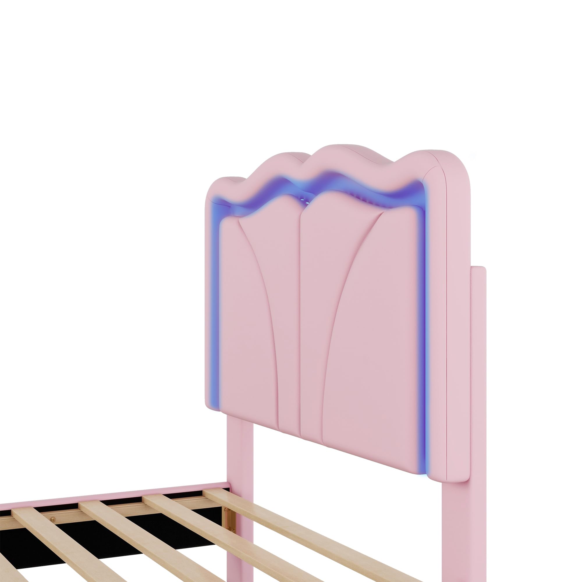 SOFTSEA Twin Size Upholstered Platform Bed, Platform Bed with LED Light Strips and Curve Shaped Adjustable Headboard, Wood Bed Frame for Bedroom, No Box Spring Needed, Pink