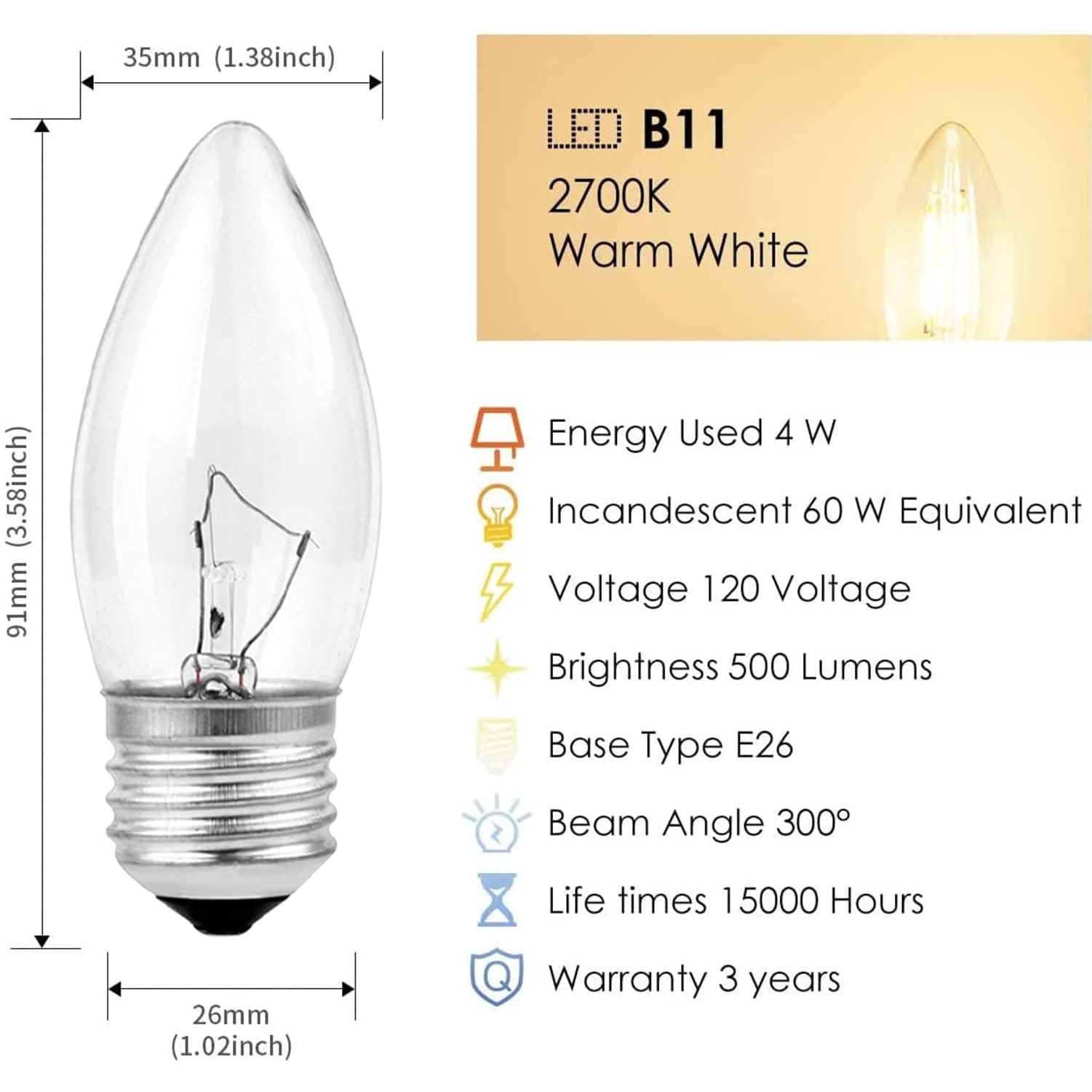 Elegant Chandelier Light Bulbs, Incandescent Torpedo Shape, Crystal Clear, Candelabra Base, Decorative Finish, 10-Pack, E26/E27 Medium Base