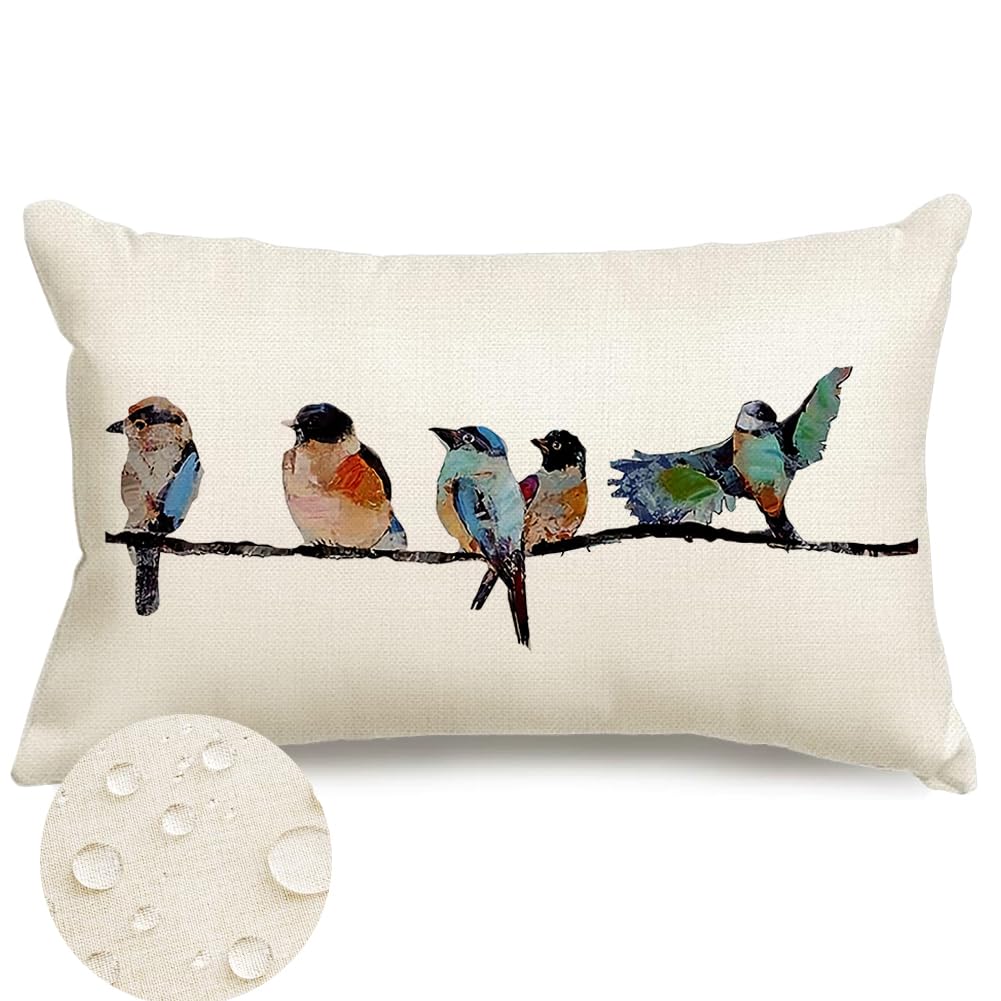 RABUSOFA Outdoor Pillow Covers Waterproof 12x20,Outdoor Bird Lumbar Throw Pillow Cases Small Decorative Pillows for Couch Patio Furniture Polyester Linen Teal Blue