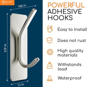 GLUIT Adhesive Towel Hooks for Bathroom Wall Hooks for Hanging Heavy Duty Coat Rack Sticky Hanger for Door Holder Durable Stainless Steel Chrome- 2 Pack