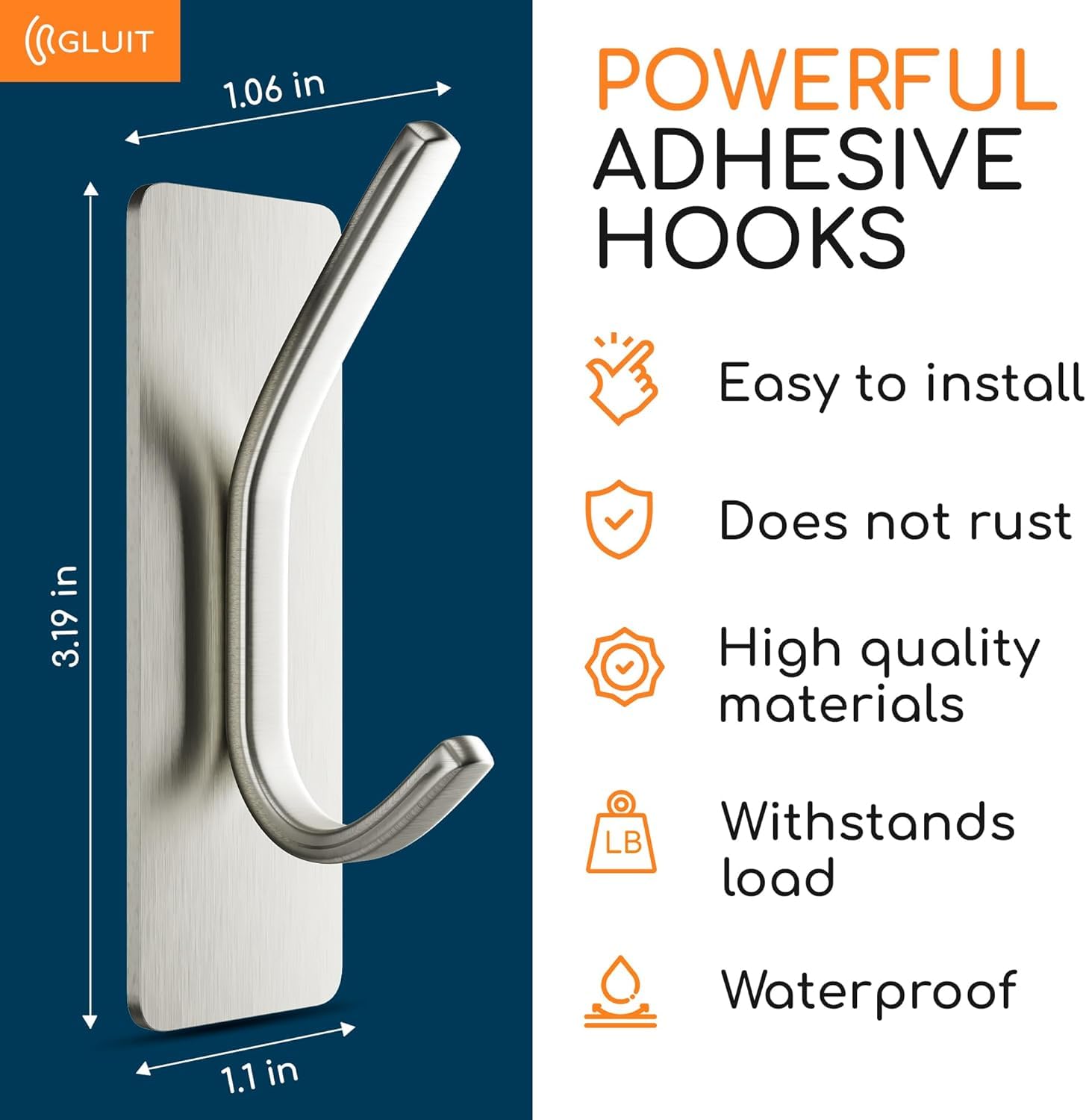 GLUIT Adhesive Towel Hooks for Bathroom Wall Hooks for Hanging Heavy Duty Coat Rack Sticky Hanger for Door Holder Durable Stainless Steel Chrome- 2 Pack