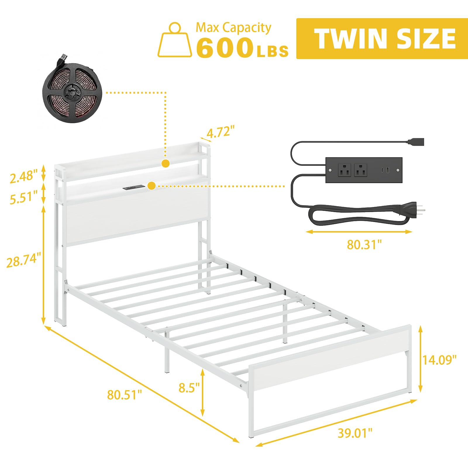 Elephance Twin Bed Frames with Charging Station and LED Lights, Metal Bed Frame with 2-Tier Storage Headboard, No Box Spring Needed, Noise Free, Easy Assembly