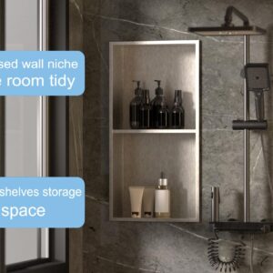 IKITRAEE Finished Shower Niche for Bathroom Storage,No Tile Needed,Recessed Wall Niche,Double Layer Storage,Made of Stainless Steel,24 in X12 in X4 in，Primary Color Brushed