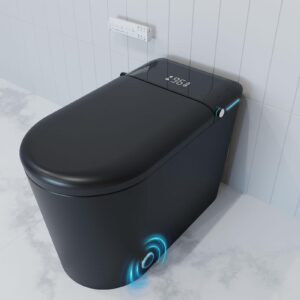 smart toilet with bidet built in, auto open & close, elongated heated seat, foot sensor flush, led display, warm water wash, dryer, night light, black