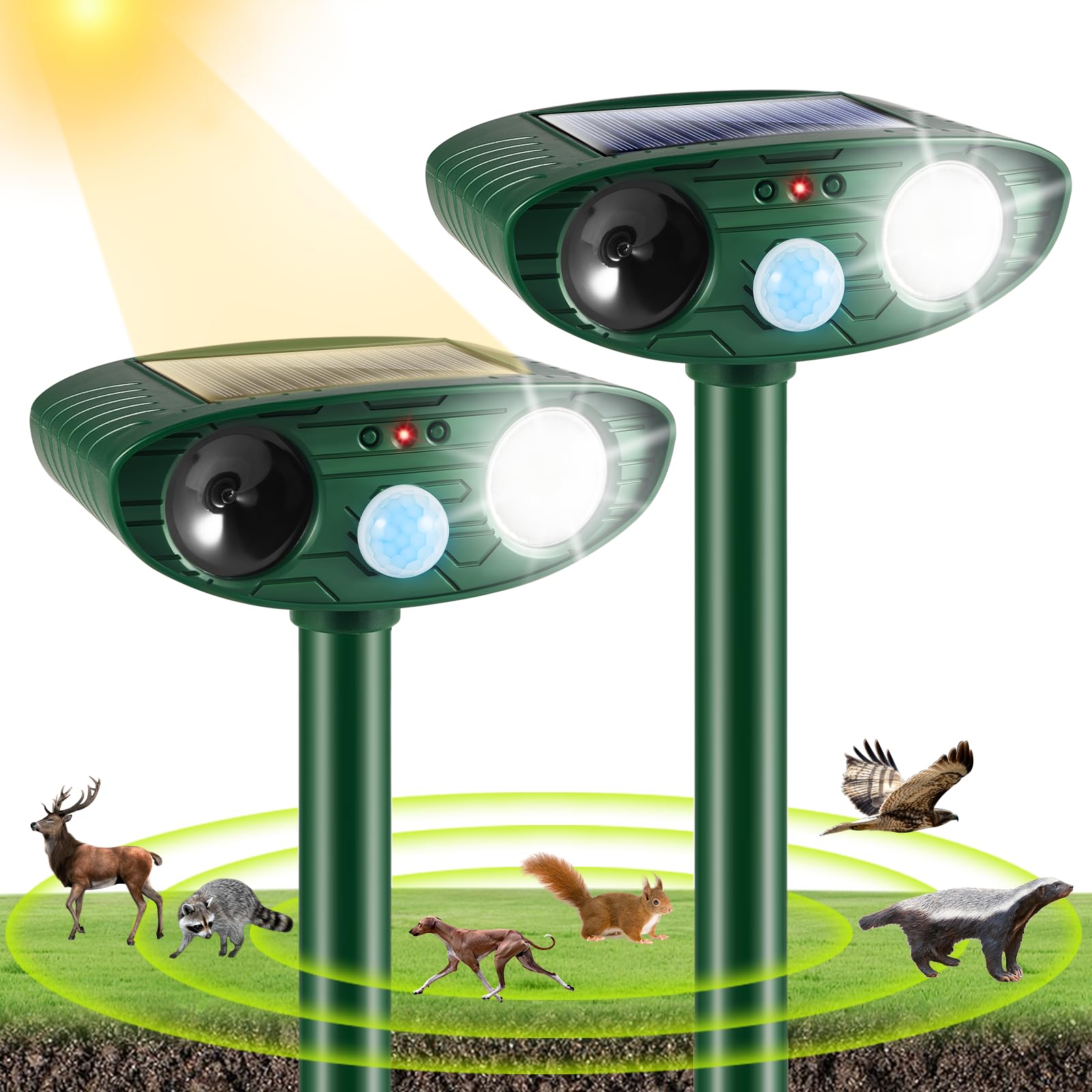 2 PCS Solar Animal Repellent Ultrasonic Deer Repellent Outdoor Waterproof Sonic Cat Deterrent with Flashing Light Motion Activated Animal Repeller for Squirrel Rabbit Raccoon Rodent Skunk Yard,Green