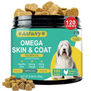 skin and coat chews for dogs - omega 3 supplement for dogs with epa & dha fatty acids- fish oil chews for dogs with salmon oil & vitamins - dog itchy, dry & shedding skin relief- chicken, 120 chews