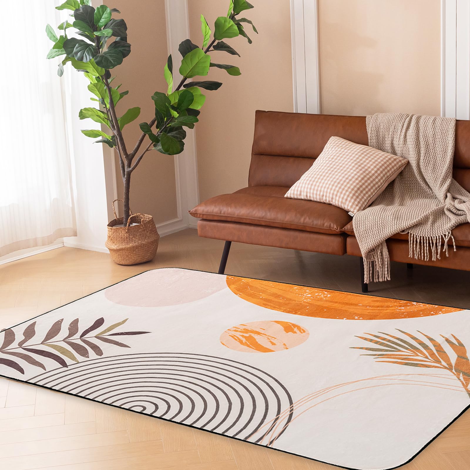 Flogriet Washable Rug, 5x7ft Boho Area Rugs Sun Print Mid Century Modern Rugs for Living Room Bedroom Dining Table Modern Home Office -Anti-Slip-Beige and Orange