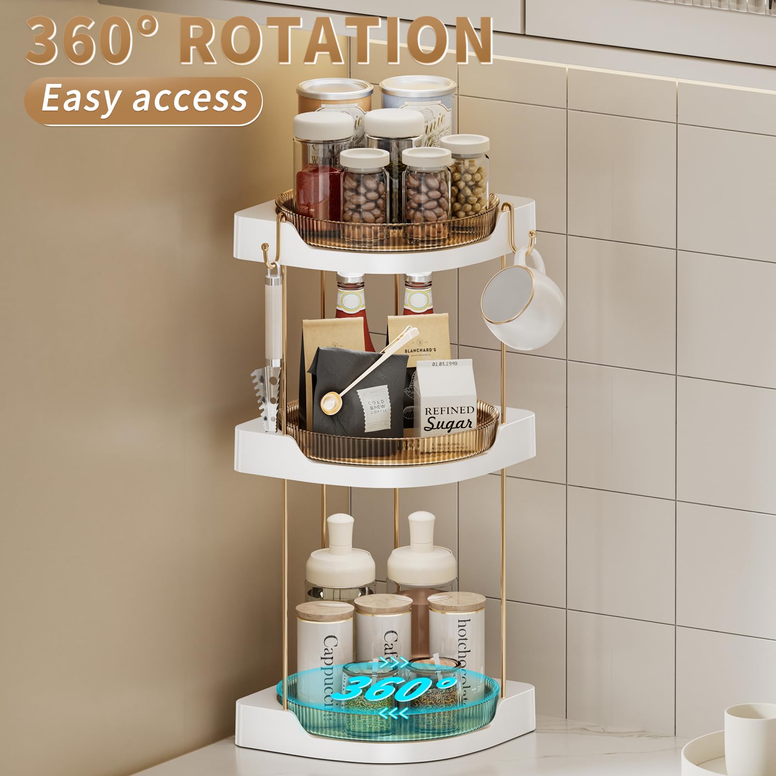 DOADW Makeup Organizer Countertop - 360° Rotating Bathroom Organizer Spinning Skincare Care Organizer - 3 Tier Lazy Susan Corner Organizer with 2 Hole Rack for Bathroom, Kitchen