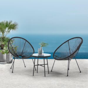 VICBARLEY 3-Piece Patio Acapulco Chairs Set, All-Weather Outdoor Wicker Bistro Set w/Pillow & Glass Top Table, Rattan Conversation Set for Porch,Garden, Balcony, Deck, Poolside, Black