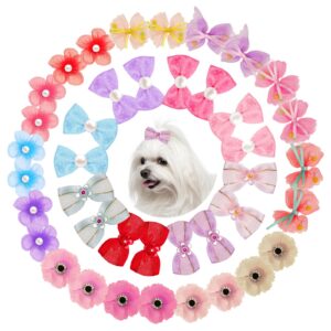 40pieces dog bows cute small dog hair bowknot mix style handmade multicolor puppy hair accessories bow bulk with elastic rubber bands lace rhinestone pearls grooming topknot ball flower accessories