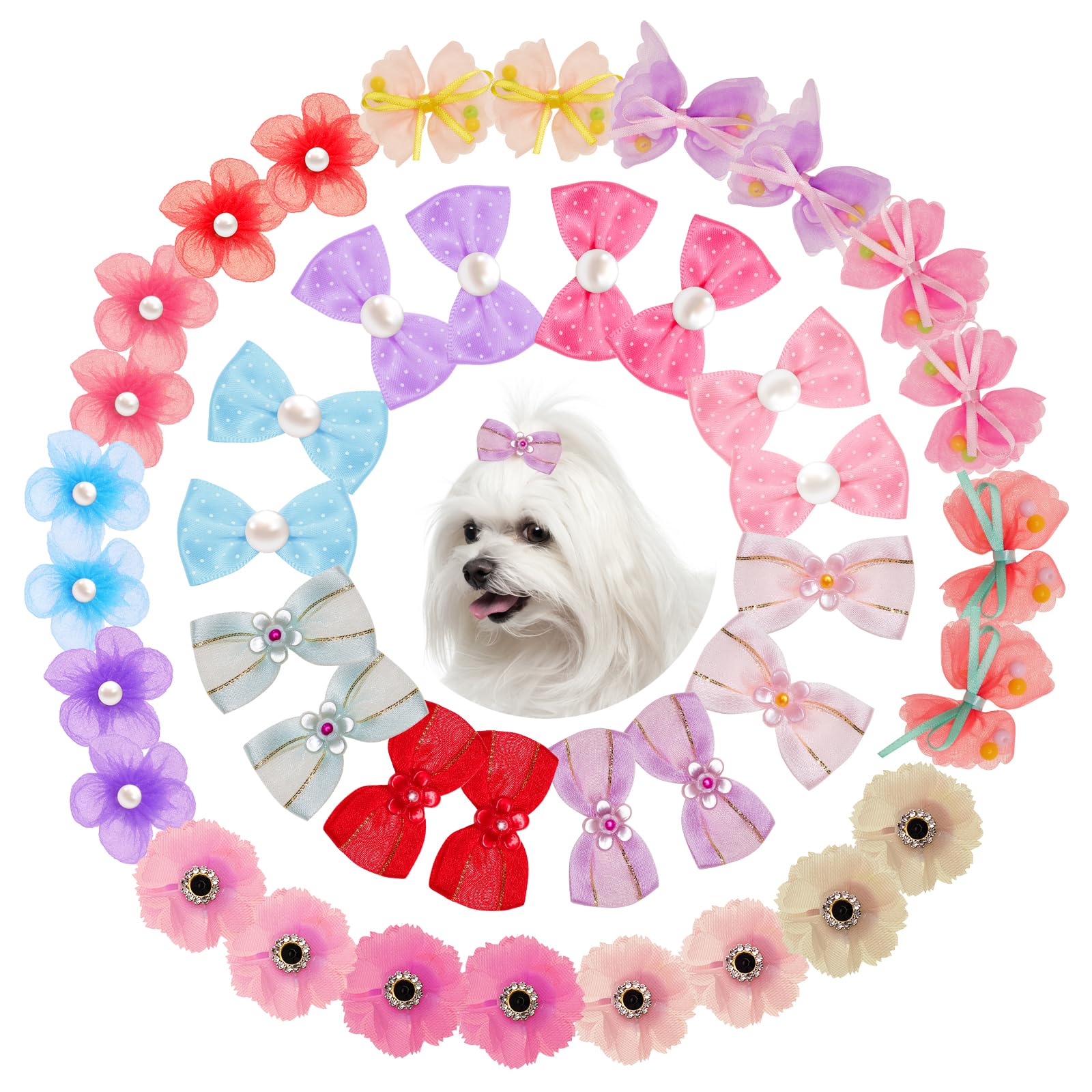 40Pieces Dog Bows Cute Small Dog Hair Bowknot Mix Style Handmade Multicolor Puppy Hair Accessories Bow Bulk with Elastic Rubber Bands Lace Rhinestone Pearls Grooming Topknot Ball Flower Accessories