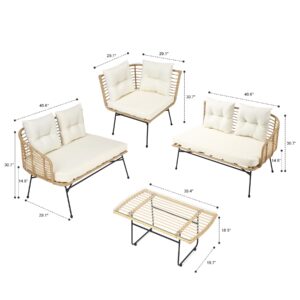 IDEALHOUSE 4 Pieces Patio Furniture Set,Boho L-Shaped Sofa Outdoor Furniture Lounge Set Conversation Sectional with Thick Cushions and Toughened Glass Coffee Table for Deck,Backyard, Porch