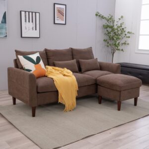 Panana Convertible Sectional Sofa Couch, 3-seat L-Shaped Couch with Ottoman, Couches with Linen Fabric, with Moveable Ottoman for Apartment/Upstairs Loft/Living Room (Brown - Curved Arm)