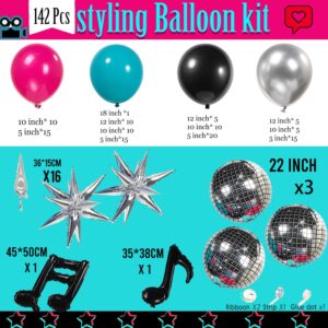 FROUFING Red Blue Black balloon garland arch kit 146+pcs with Disco Ball Explosion Star music note Foil Balloons for Music Decorations Birthday Graduation Short Videotheme party decorations